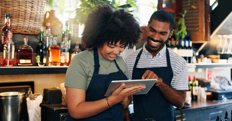 Tablet, restaurant bartender and happy people discussion on checklist for alcohol stock, store trade or inventory. Smile, small business team and entrepreneur collaboration on drinks supply chain