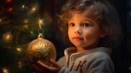 The image shows a little girl holding a gold Christmas ornament in front of the tree. She has big brown eyes and is wearing a gray shirt with red letters. The background is dark. - Powered by Adobe