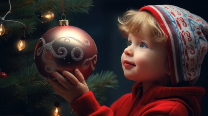 Naklejka premium In the image, a child is holding a red ornament and looking at it with wonder. The child is wearing a red and white hat and a red sweater. The background is a Christmas tree with lights.