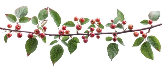   A tree branch with red berries dangling from leaves and green foliage