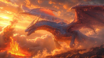 a dragon flying through a cloudy sky next to a red fire hydrant on top of a pile of rocks. - obrazy, fototapety, plakaty