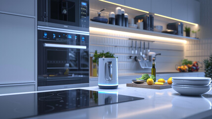 A smart kitchen with AI-powered cooking appliances seamlessly integrated into sleek countertops and cabinets, emitting a soft ambient glow.