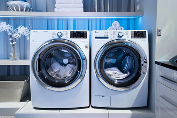 A smart laundry room where the washer and dryer communicate seamlessly, optimizing energy usage and cycle times. - obrazy, fototapety, plakaty