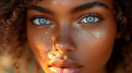 Fototapeta premium a close up of a woman's face with blue eyes and freckled freckles on her face.