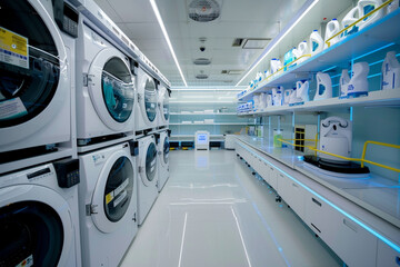 A smart laundry room with automated washing and drying machines, folding robots, and inventory tracking systems for detergent and fabric softeners.