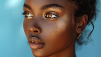 Fototapeta premium a close up of a woman's face with a bright make - up on her face and a blue background.