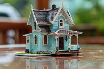 A pastel periwinkle miniature house, offering a dreamy charm and serenity, on a glossy chocolate...