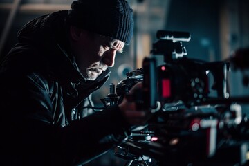In a dimly lit studio, a veteran cameraman clutches his camera. His eyes, glistening with unshed tears, struggle to focus on the fading memories captured within the frame.