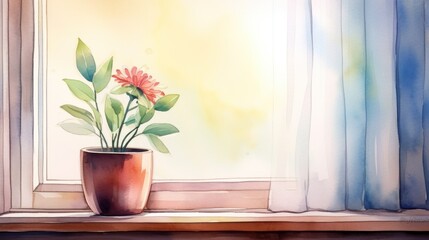 A painting of a flower pot on a windowsill with a blue curtain.