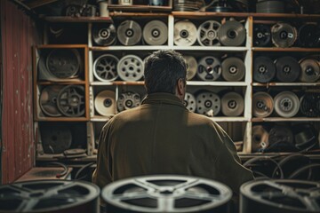 In an old film lab, a cameraman sifts through dusty reels. His eyes reveal a mix of regret and sorrow--the lost moments he failed to capture, now forever elusive. - obrazy, fototapety, plakaty