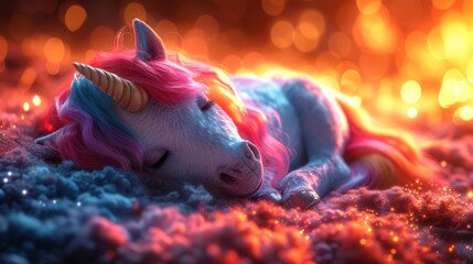 a pink and blue unicorn laying on top of a pile of blue and pink glittery carpet next to a yellow and orange light.