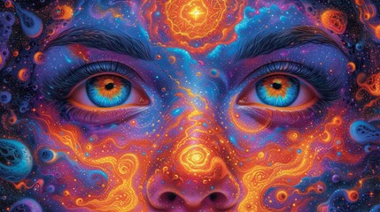 a close up of a person's face with blue eyes and an orange and blue pattern on their face.