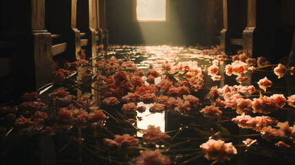 A room with a lot of pink flowers on the floor
