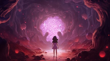 A girl stands in a dark cave, looking at a bright portal ahead. The walls of the cave are adorned with red rocks and pink flowers. The portal is filled with glowing purple dots. - obrazy, fototapety, plakaty