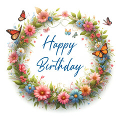 Happy Birthday Sign with flower wreath and butterflies on white background - 778455957