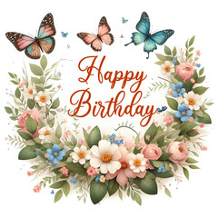Happy Birthday Sign with flower wreath and butterflies on white background - 778455961