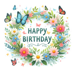 Happy Birthday Sign with flower wreath and butterflies on white background - 778455994