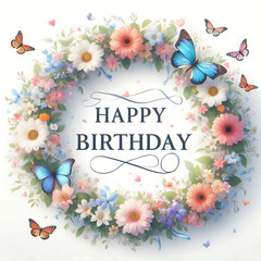 Happy Birthday Sign with flower wreath and butterflies on white background - 778455996