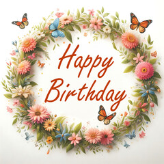 Happy Birthday Sign with flower wreath and butterflies on white background - 778456101