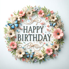 Happy Birthday Sign with flower wreath and butterflies on white background - 778456115