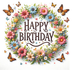 Happy Birthday Sign with flower wreath and butterflies on white background - 778456117
