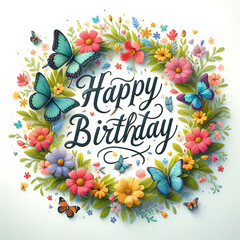 Happy Birthday Sign with flower wreath and butterflies on white background - 778456119