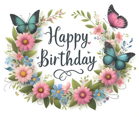 Happy Birthday Sign with flower wreath and butterflies on white background - 778456124
