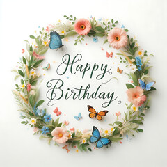 Happy Birthday Sign with flower wreath and butterflies on white background - 778456126