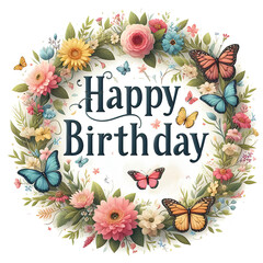 Happy Birthday Sign with flower wreath and butterflies on white background - 778456131