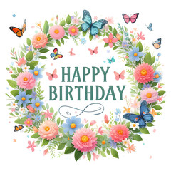 Happy Birthday Sign with flower wreath and butterflies on white background - 778456141
