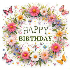 Happy Birthday Sign with flower wreath and butterflies on white background - 778456149