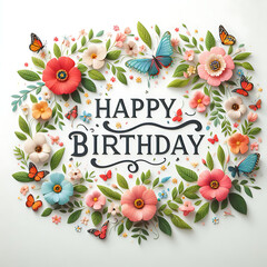 Happy Birthday Sign with flower wreath and butterflies on white background - 778456151