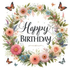 Happy Birthday Sign with flower wreath and butterflies on white background - 778456153