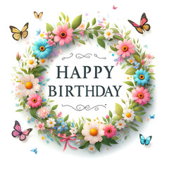Happy Birthday Sign with flower wreath and butterflies on white background - 778456156