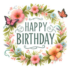 Happy Birthday Sign with flower wreath and butterflies on white background - 778456189