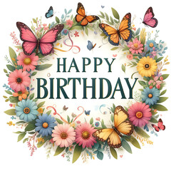 Happy Birthday Sign with flower wreath and butterflies on white background - 778456197
