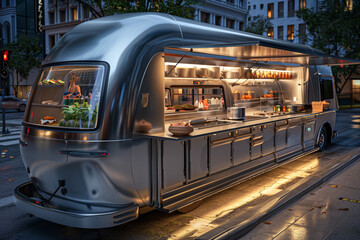 A sleek, silver food truck parked under the soft glow of early morning light, showcasing a detailed interior with stainless steel countertops, state-of-the-art cooking appliances, - Powered by Adobe