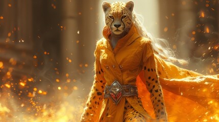 a woman dressed as a cheetah standing in front of a fire with a leopard mask on her head. - obrazy, fototapety, plakaty