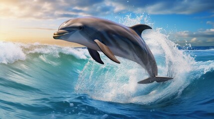 A dolphin jumps high out of the water, riding a wave. The sky is blue with some clouds.