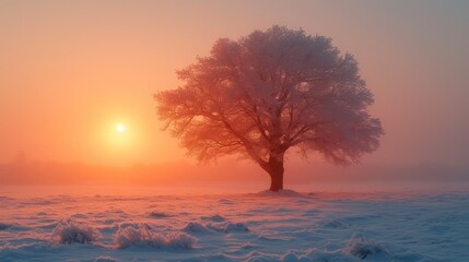 a lone tree stands in the middle of a snow covered field as the sun sets in the distance behind it.