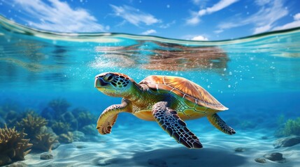 A sea turtle swims through crystal blue waters with a sandy sea bed beneath it. The sky above is blue with white clouds.