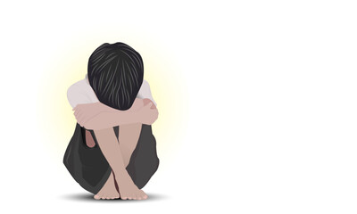 lonely abandoned school boy sitting alone feeling sorrow. Sceared orphan unhappy Asian child covered face with hands eps. fear after punishment. Domestic Family Violence against children isolated art.