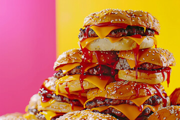 A towering stack of classic American cheeseburgers, with each layer dripping with cheese and ketchup, set against a vivid pink and yellow background, showcasing the juiciness and textures 