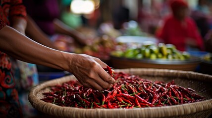 red hot chili In the vegetable market - obrazy, fototapety, plakaty