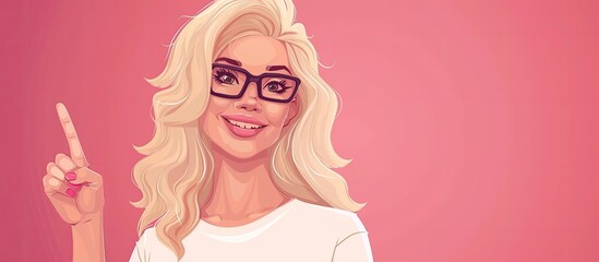 A woman with long hair and magenta glasses is smiling and pointing up with her finger, showcasing her fun and artistic gesture in promoting vision care