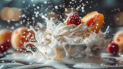   A close-up photo shows a fruit-topped bowl with milk pouring out - obrazy, fototapety, plakaty