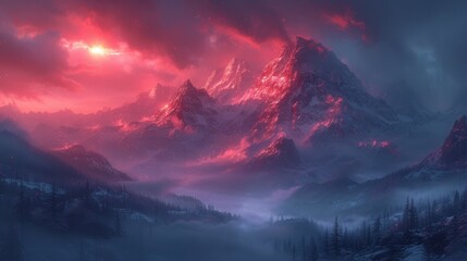 a painting of a mountain range with a red sky in the background and clouds in the foreground with trees in the foreground. - obrazy, fototapety, plakaty