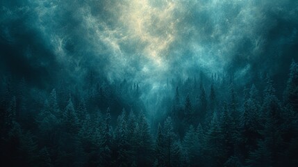 a dark forest filled with lots of trees under a cloudy sky with a light shining on the top of the trees.