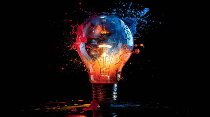 Explosive Light Bulb Art with Colorful Paint on Black Background
