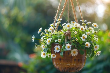 Fresh daisy flowers in pot hanging on tree branch on blurred green garden background